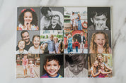 Collage of family photos on a white marble surface