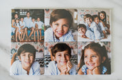 Collage of children's portraits on a white surface