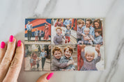 Collage of family photos on a marble surface with a hand holding it.